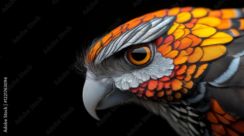 Naklejka premium Vibrant Close-Up of a Colorful Bird Displaying Intricate Feathers and Stunning Details Against a Solid Black Background, Capturing Nature's Beauty in Focus