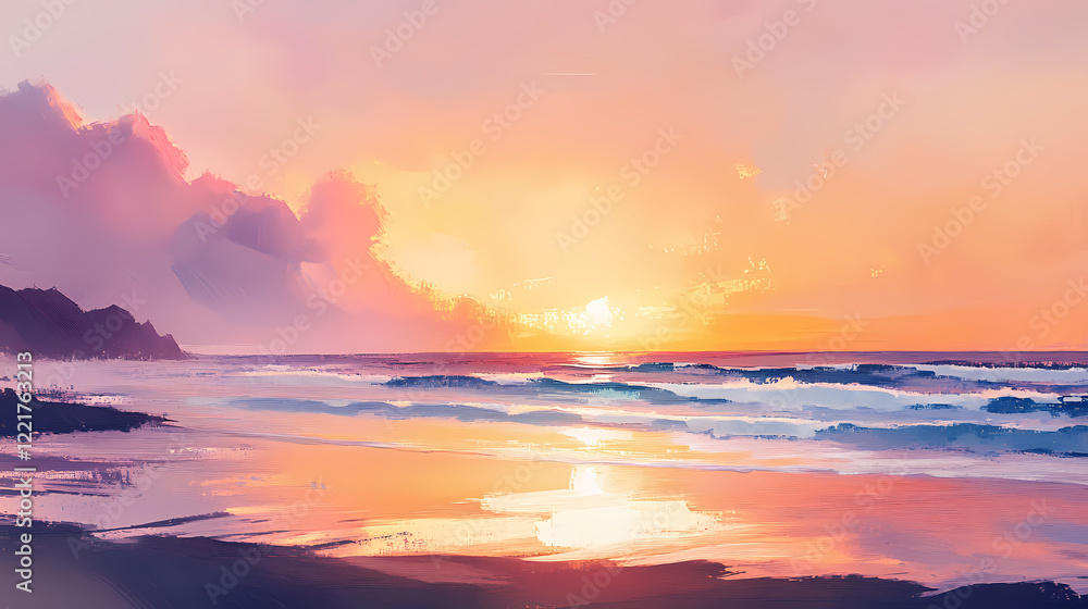 Fototapeta premium Tranquil sunset beach, vibrant sky, gentle shore waves, oil painting technique, soft brush application. Shaded Shore. Illustration