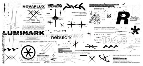 Combinations of monochrome brutalism and retrofuturistic Y2K style. Memphis digital art, acid glitch modern elements in brutalism style. HUD, Y2K, futuristic streetwear set with glitch. Vector graphic