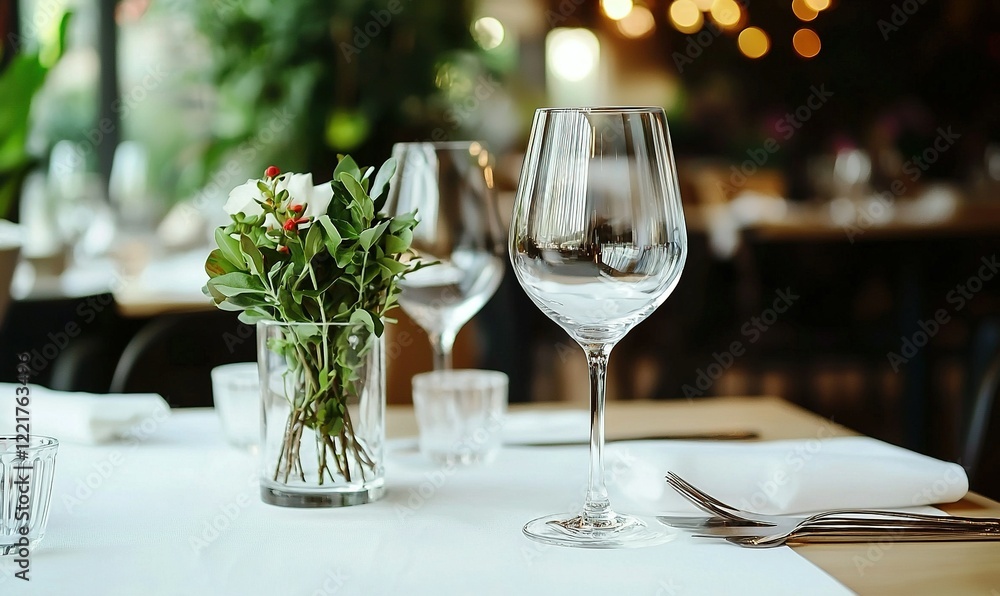 Empty wine glass and flower vase on a set restaurant table, blurred background Empty wine glass and flower vase on a set restaurant table, blurred background