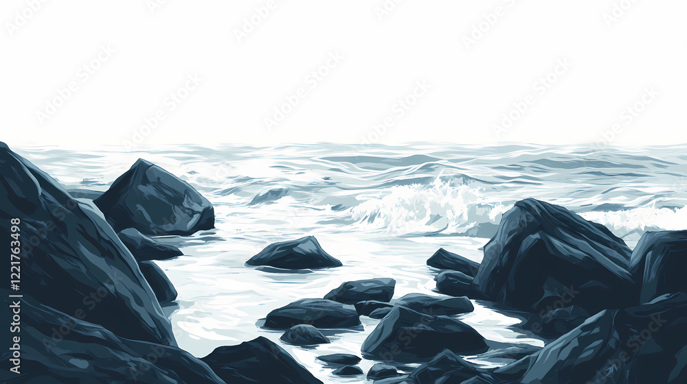 custom made wallpaper toronto digitalWaves meet rocks, in shades of grey. Shaded Shore. Illustration