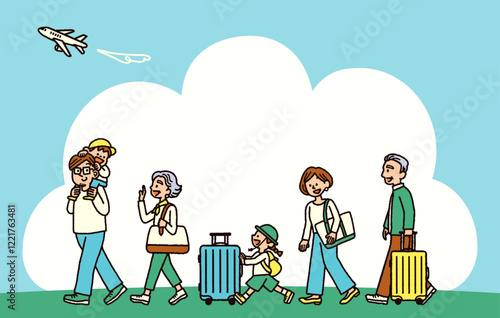 三世代　家族　旅行　飛行機　背景　手書き　イラスト