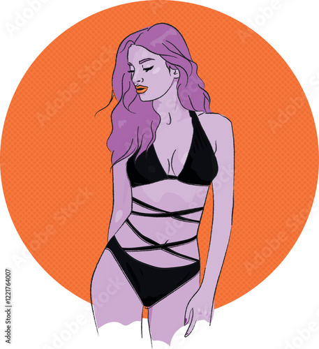Sexy girl in bikini in purple-orange