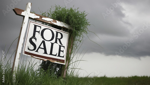 Weathered for sale sign in overgrown grass under dark stormy sky, evoking sense of abandonment and uncertainty photo