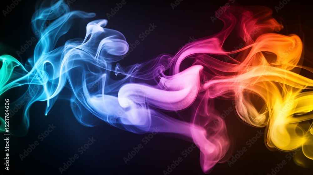 Abstract colorful smoke tendrils gracefully swirling against a dark background in a mesmerizing display Abstract colorful smoke tendrils gracefully swirling against a dark background in a mesmerizing display