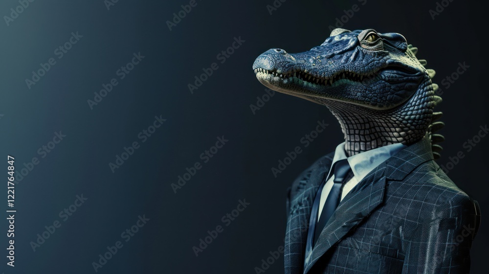 Crocodile dressed as a businessman wearing a suit while looking at the camera, AI generated image Crocodile dressed as a businessman wearing a suit while looking at the camera, AI generated image