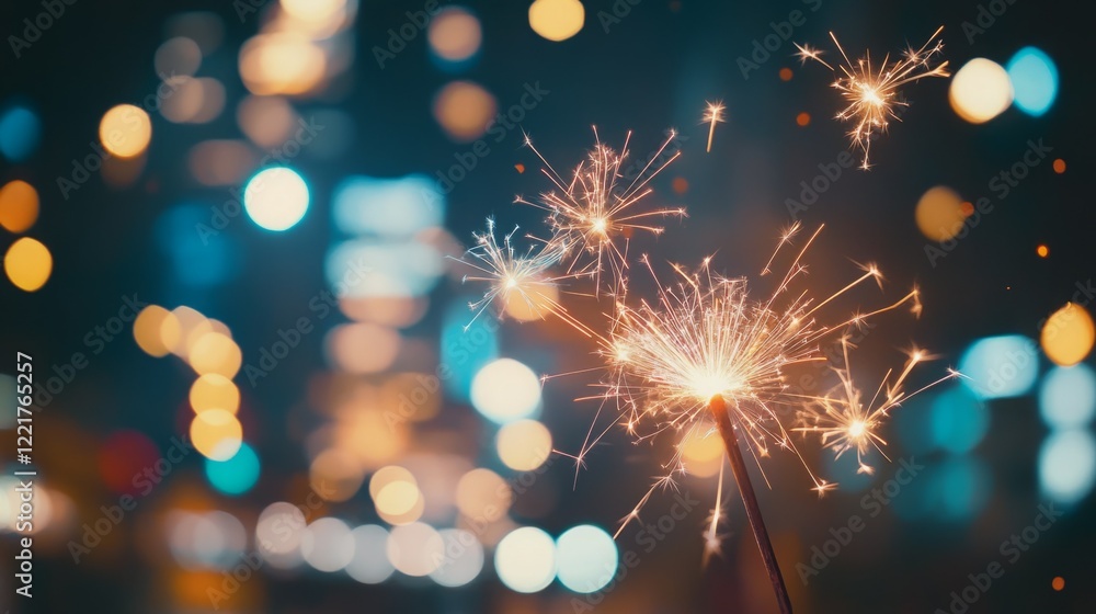Fototapeta premium Bright sparklers light up the night, creating a magical atmosphere against a blurry city backdrop.