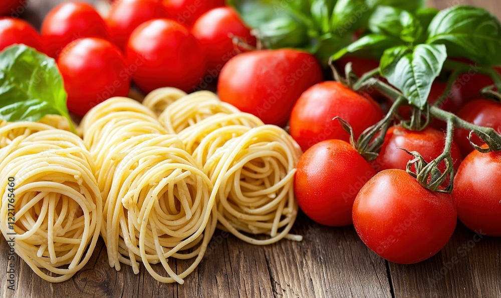 Fresh pasta, ripe tomatoes, and basil on rustic wood table, ready for Italian cooking Fresh pasta, ripe tomatoes, and basil on rustic wood table, ready for Italian cooking