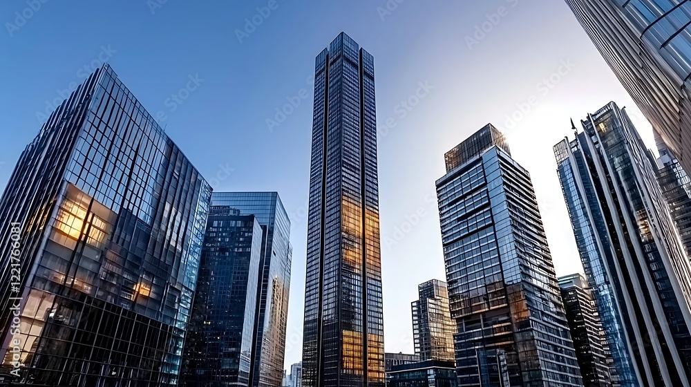City skyscrapers sunrise business district City skyscrapers sunrise business district