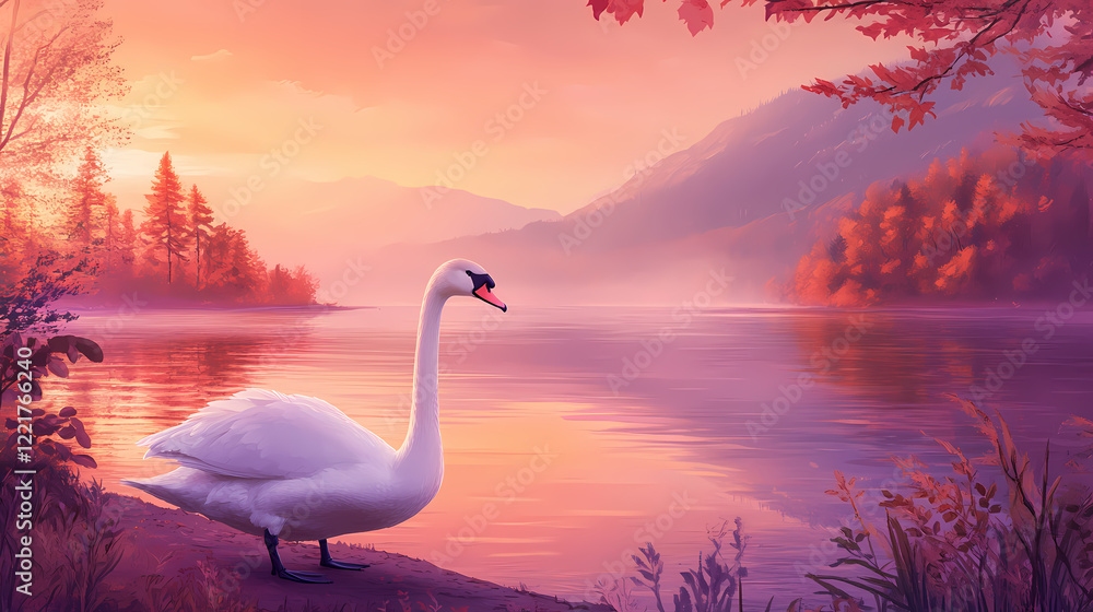 Naklejka premium A majestic swan stands proudly on the shore of a still lake with the sky painted in shades of pink and orange, lake, peaceful atmosphere, majestic creature. Shaded Shore. Illustration