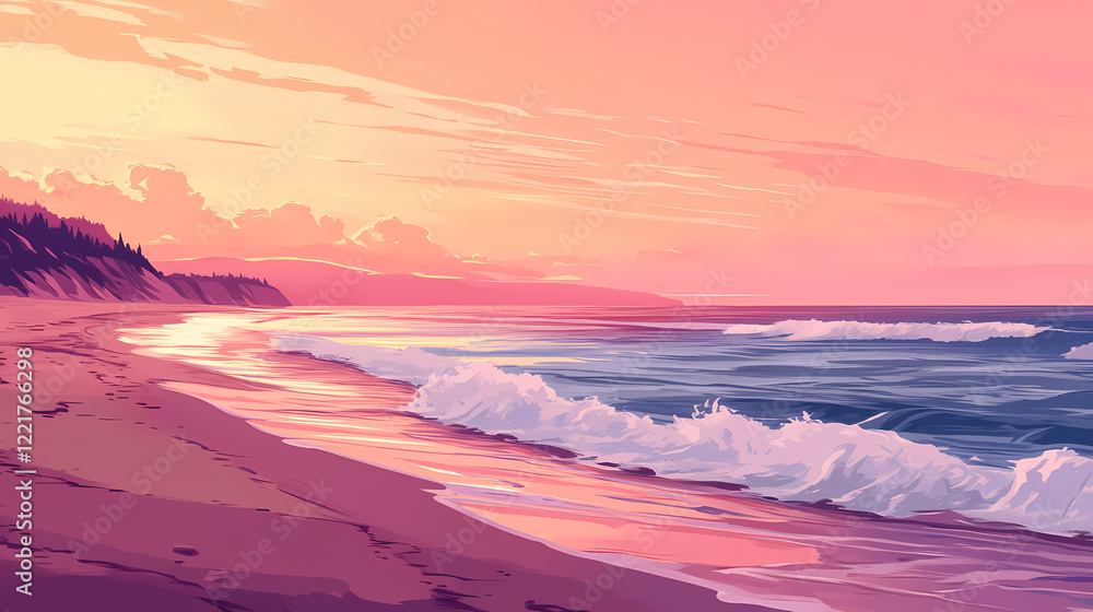 A tranquil beach at sunset with soft waves lapping the shore and the sky painted in shades of pink and orange. Shaded Shore. Illustration A tranquil beach at sunset with soft waves lapping the shore and the sky painted in shades of pink and orange. Shaded Shore. Illustration