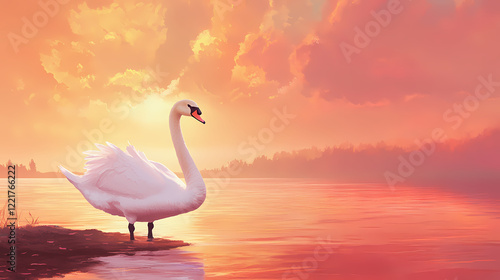 Fototapeta Naklejka Na Ścianę i Meble -  A majestic swan stands proudly on the shore of a still lake with the sky painted in shades of pink and orange, lake, peaceful atmosphere, majestic creature. Shaded Shore. Illustration