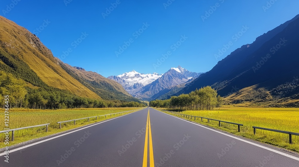 Naklejka premium Expansive Roadway Through Majestic Mountain Landscape Under Clear Blue Sky with Vibrant Green Fields and Golden Rice Paddies Stretching into the Horizon