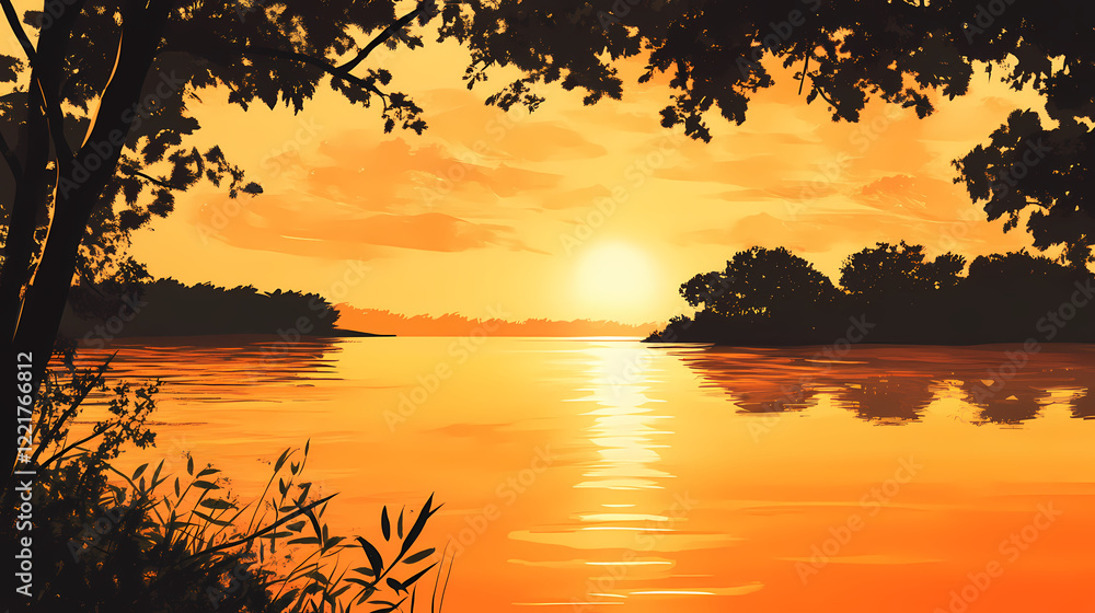 As the calm water reflects the serene sunrise in shades of warm orange and gold, a distant shore and trees silhouette against the peaceful scene. Shaded Shore. Illustration As the calm water reflects the serene sunrise in shades of warm orange and gold, a distant shore and trees silhouette against the peaceful scene. Shaded Shore. Illustration
