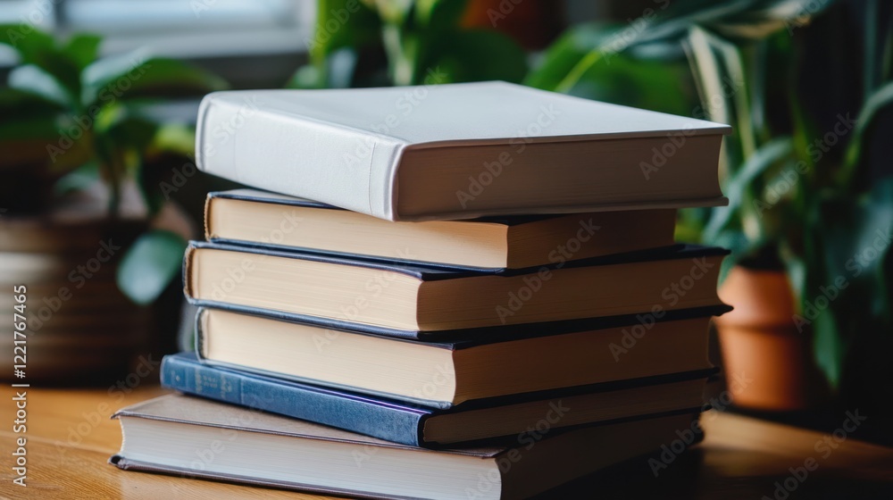 A stack of six hardcover books with varying colors rests on a wooden surface near plants