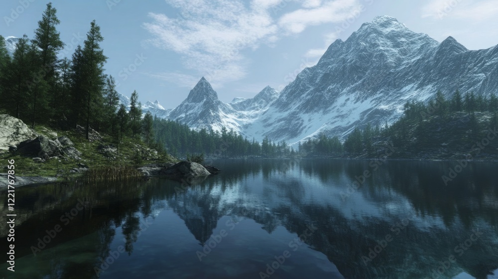 Serene mountain lake reflecting snow-capped peaks. Tranquil nature scene. Serene mountain lake reflecting snow-capped peaks. Tranquil nature scene.