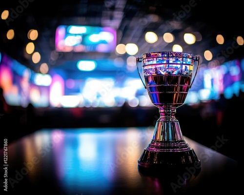 A shining trophy stands prominently in the foreground, surrounded by colorful lights and a blurred audience, symbolizing victory and celebration. photo