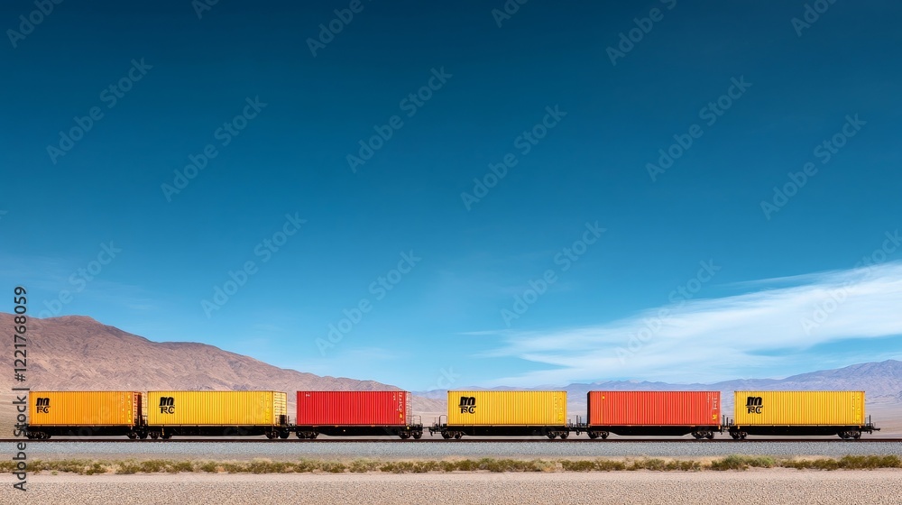 Vibrant Cargo Containers on Railroad Tracks Against a Clear Sky in a Desert Landscape with Mountainous Background Vibrant Cargo Containers on Railroad Tracks Against a Clear Sky in a Desert Landscape with Mountainous Background