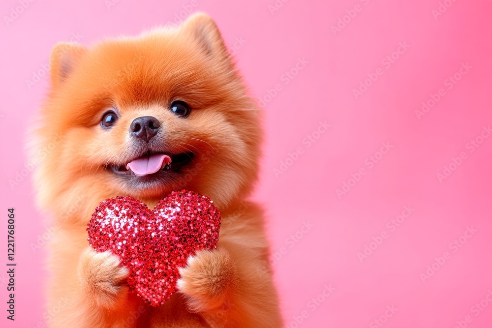 Obraz premium Cute chow doggy with sparkling rhinestones red heart - emblem of love, funny greeting card. Ad campaign creative. Chow - my cherished dog. February love animal photography. Pet love.