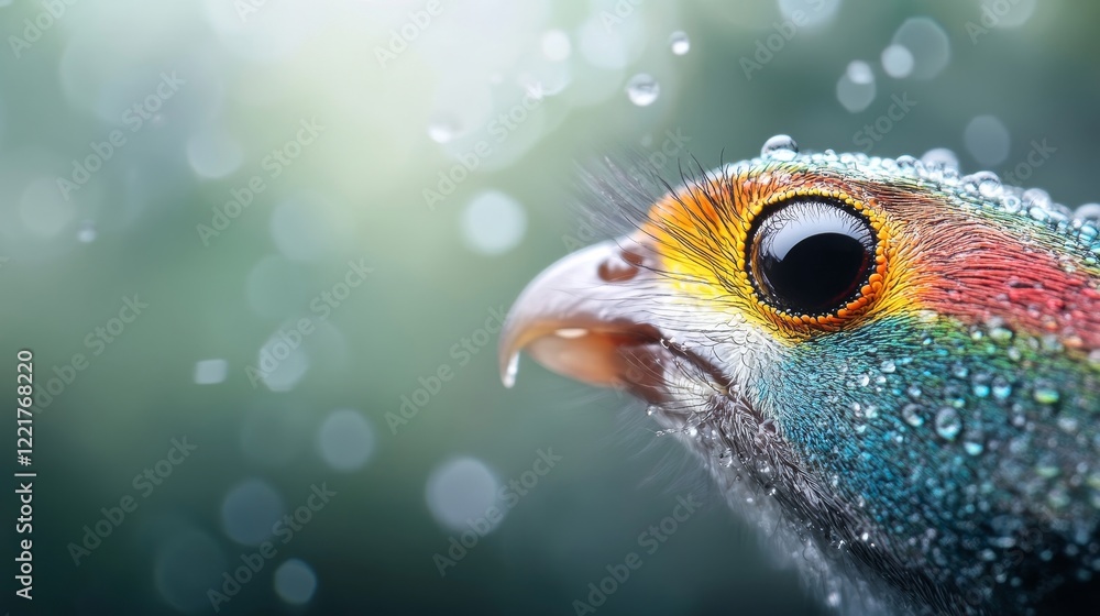 Obraz premium Close-Up of a Colorful Bird with Vibrant Feathers and Raindrops, Showcasing Intricate Details and Natural Beauty in a Soft Focus Background