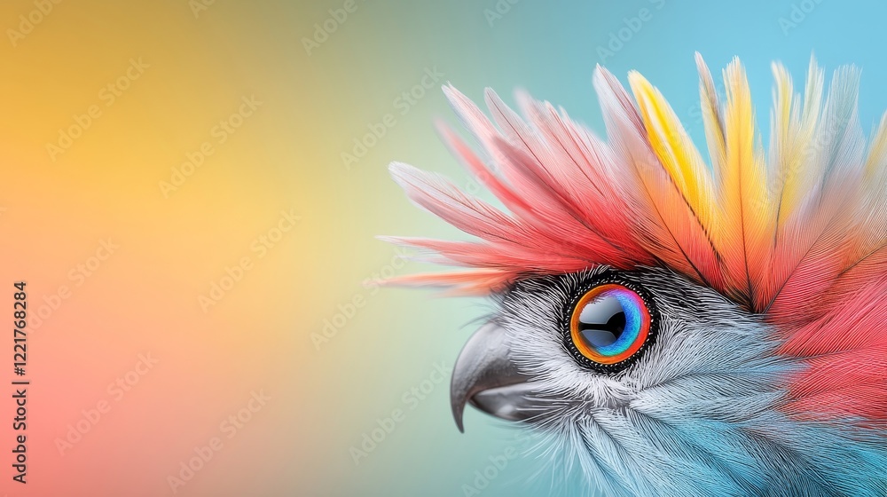 Fototapeta premium Colorful Bird Portrait with Vibrant Feathers Against a Gradient Background, Showcasing Detailed Features and Striking Eye Colors for Artistic and Nature-themed Projects