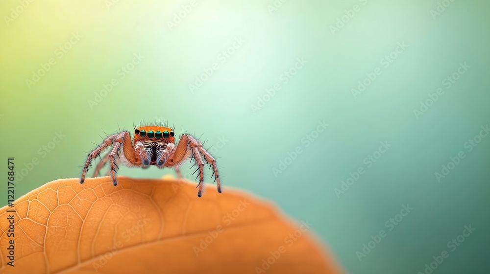 Close-Up of a Colorful Spider on a Leaf with Gradual Blurred Background, Showcasing Exotic Features and Textures in Nature’s Vibrant Palette Close-Up of a Colorful Spider on a Leaf with Gradual Blurred Background, Showcasing Exotic Features and Textures in Nature’s Vibrant Palette