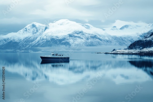 lake in the mountains with a boat photo