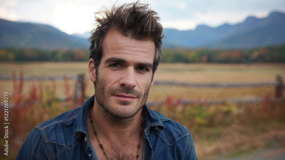 man with tousled hair wearing denim shirt poses outdoors, surrounded by scenic landscape of mountains and fields. atmosphere is calm and serene man with tousled hair wearing denim shirt poses outdoors, surrounded by scenic landscape of mountains and fields. atmosphere is calm and serene