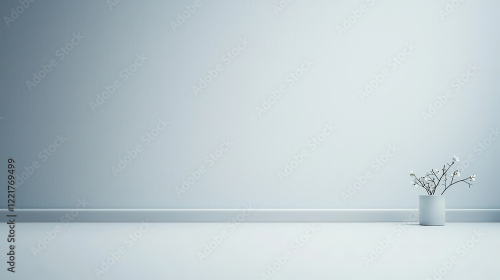 Obraz premium light gray background with subtle gradient features minimalist design, showcasing simple white vase with delicate branches. This serene setting evokes calmness and tranquility