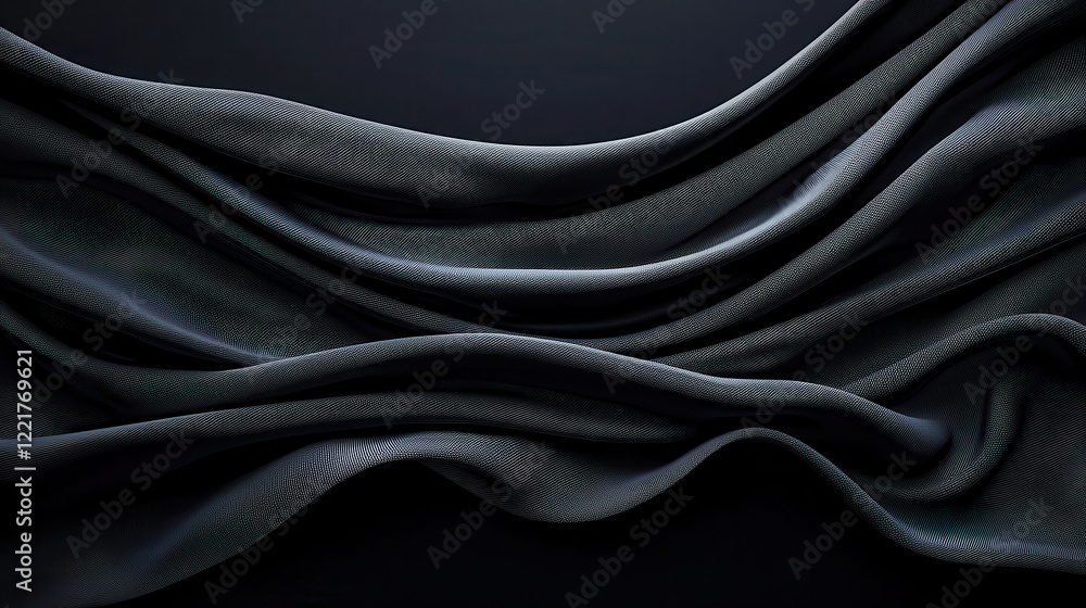 Fototapeta premium Smooth black fabric draped elegantly, creating soft waves and intricate textures. subtle sheen enhances depth and richness of material, evoking sense of luxury and sophistication