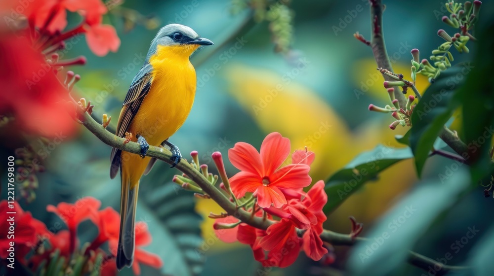 Beautiful Costa Rican bird sitting on a red purple flower, AI generated image Beautiful Costa Rican bird sitting on a red purple flower, AI generated image