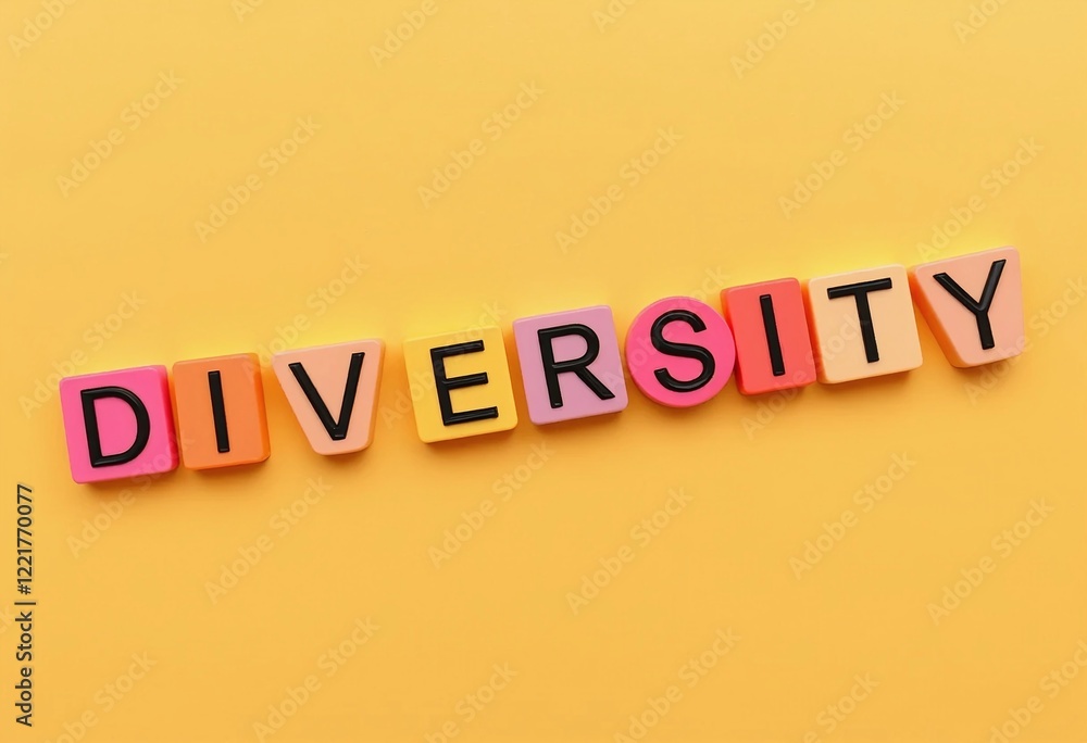 Obraz premium Colorful letter blocks spelling 'DIVERSITY' on a vibrant yellow background, highlighting the concept of inclusion and variety.