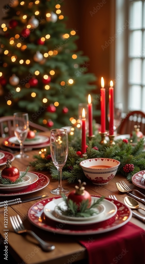 Fototapeta premium Table set with a christmas tree and candles