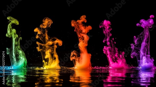 Colorful ink plumes rising from a reflective dark surface in a studio setting