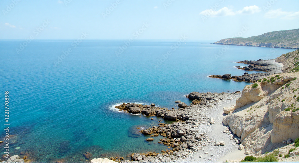 Fototapeta premium sea and rocks, sea, beach, coast, water, ocean, landscape, sky, island, nature, greece, coastline, summer, travel, rock, bay, sand, cliff, rocks, shore, blue, mountains, italy, vacation, view, seascap