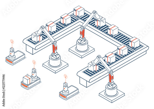 Smart factory system integrating warehouse automation, conveyors, and autonomous robots for efficient mobile order fulfillment and seamless digital-physical operations.