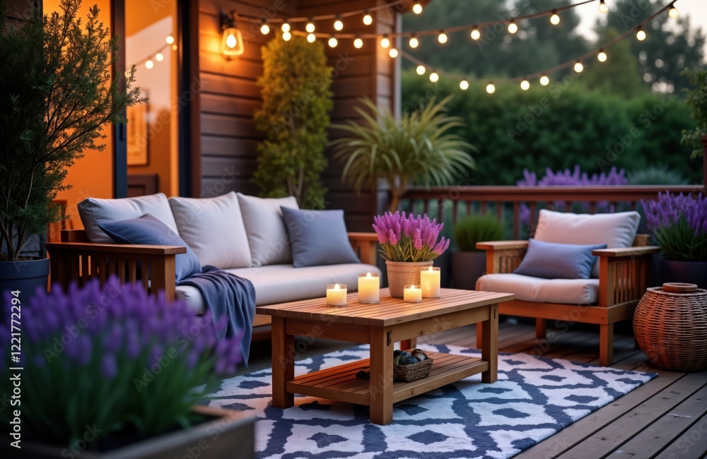 Fototapeta premium Cozy outdoor space at dusk. Wooden furniture with warm light from string lights, candles. Purple lavender plants in pots create relaxing ambiance. Perfect for evening relaxation on home balcony