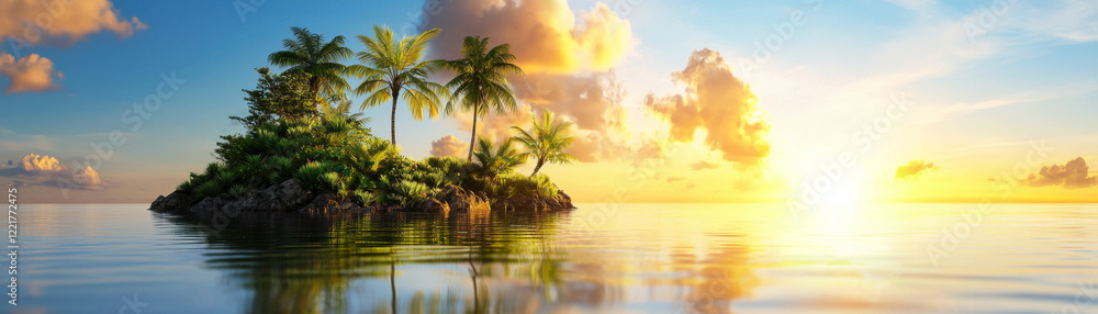 Serene tropical island with palm trees reflecting in glassy lake at sunset, creating peaceful and tranquil atmosphere Serene tropical island with palm trees reflecting in glassy lake at sunset, creating peaceful and tranquil atmosphere