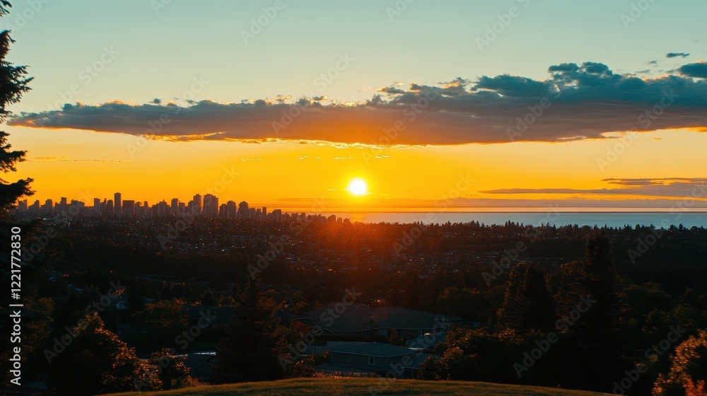 Fototapeta premium Golden Sunset Over City Skyline and Suburban Homes