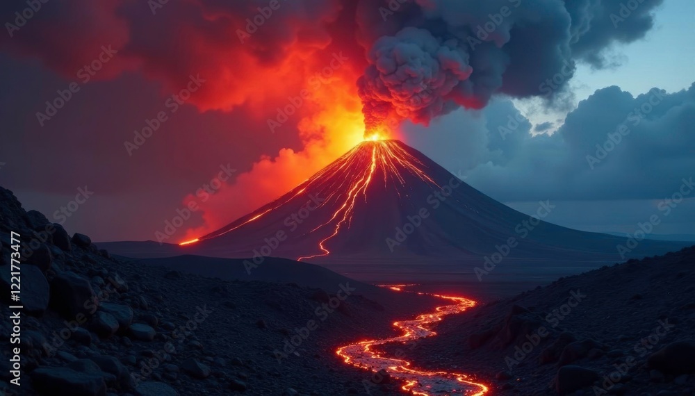 Lava flows into the darkening sky as Fuego volcano erupts, volcanic ash, volcano eruption, ash cloud Lava flows into the darkening sky as Fuego volcano erupts, volcanic ash, volcano eruption, ash cloud