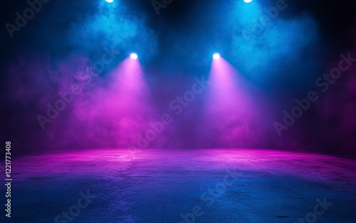 Epic background for photography, dance floor with neon blue and purple spotlights, smoke in the air,  with generative ai