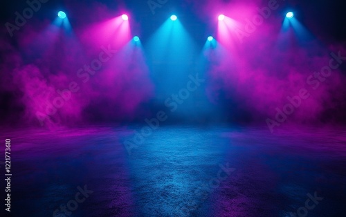 Epic background for photography, dance floor with neon blue and purple spotlights, smoke in the air,  with generative ai
