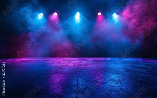 Epic background for photography, dance floor with neon blue and purple spotlights, smoke in the air,  with generative ai