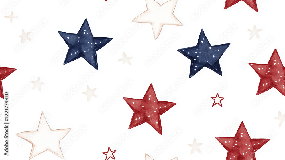 Fototapeta premium Colorful watercolor illustration of red, white, and blue stars on a white background for festive decorations and patriotic themes
