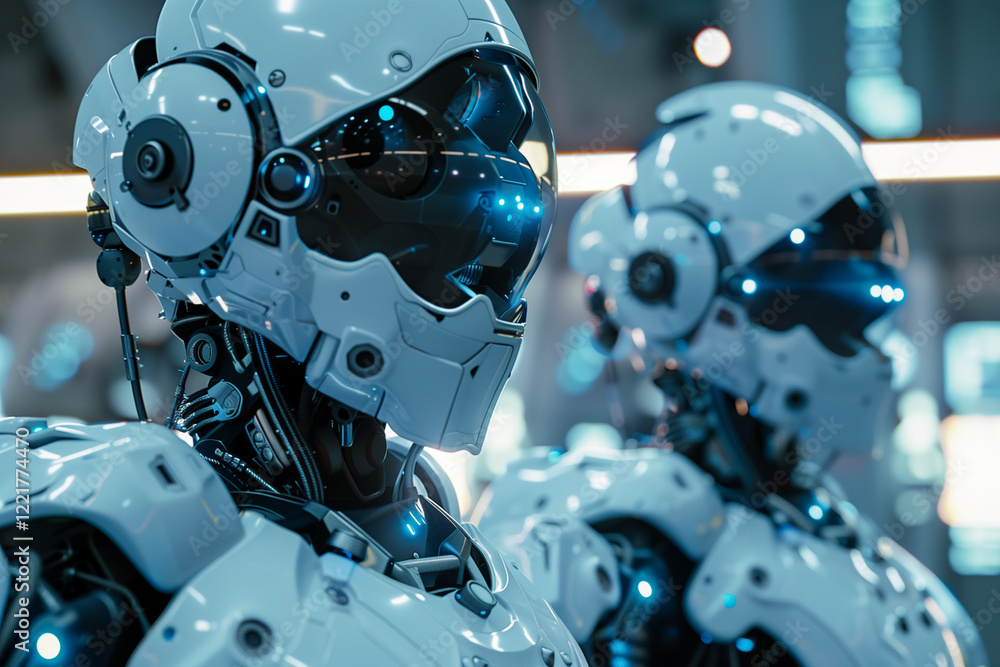 Fototapeta premium Futuristic humanoid robots in industrial smart factory revolution. Android Revolt. Artificial intelligence cybernetic machines.