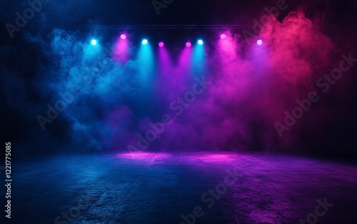 Epic background for photography, dance floor with neon blue and purple spotlights, smoke in the air,  with generative ai