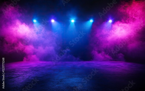 Epic background for photography, dance floor with neon blue and purple spotlights, smoke in the air,  with generative ai