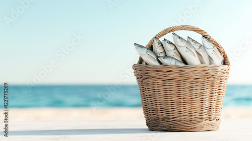 Freshly caught fish displayed in a woven basket against a serene beach background, symbolizing coastal gastronomy and seaside lifestyle. photo