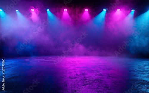 Epic background for photography, dance floor with neon blue and purple spotlights, smoke in the air,  with generative ai