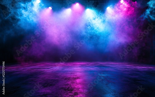 Epic background for photography, dance floor with neon blue and purple spotlights, smoke in the air,  with generative ai